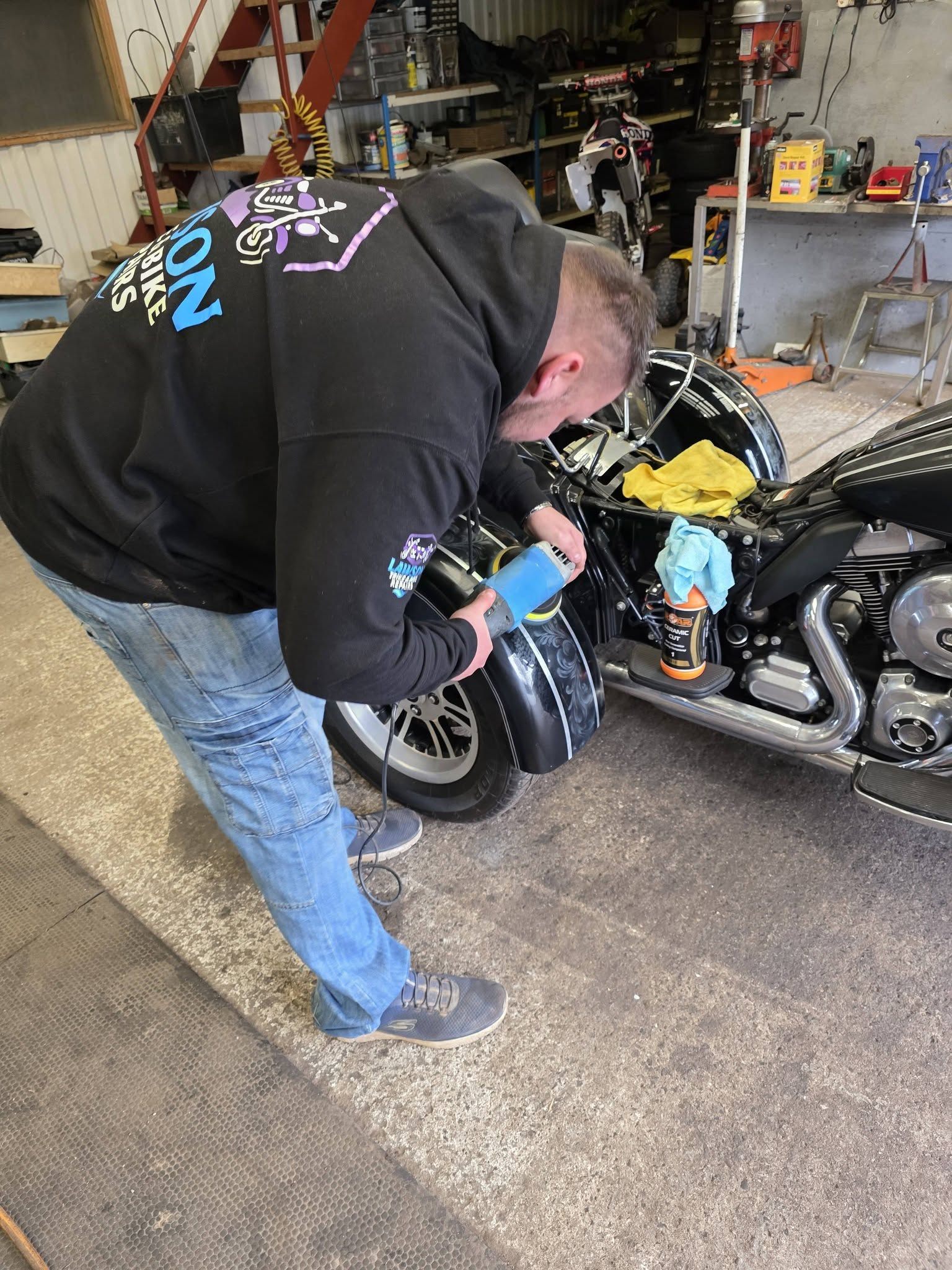 Motorcycle detailing and machine polishing in the workshop